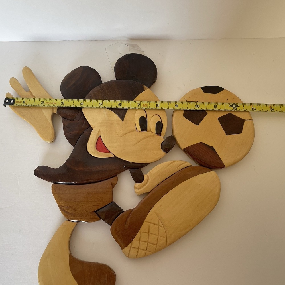 Vtg Mickey Mouse Intarsia Wood Carving Disney‎ Wall Art Kicking Soccer Ball - Picture 9 of 10